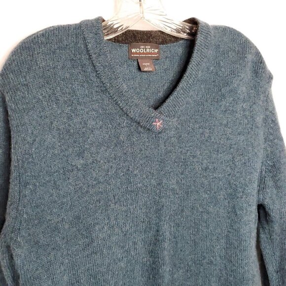 Woolrich Womens Wool V Neck Sweater L Floral Embroidered Teal Blue Gray - Picture 3 of 8